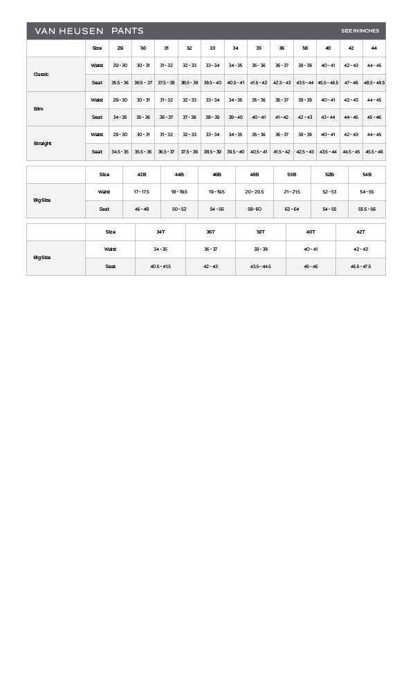 Van Heusen Big And Size Chart