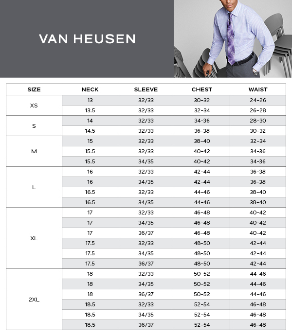 Van Heusen T Shirt Size Chart